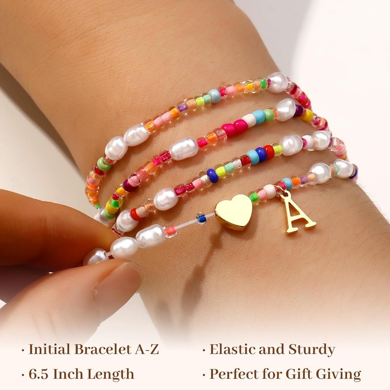 JIAOGE Valentines Day Gifts for Kids Her - 4PCS Gold Stretchable Boho Colorful Beaded Pearl Heart Initial Bracelets for Women Teen Girl Gifts Trendy Stuff Cute Stackable Kids Jewelry Birthday Gifts - Image 3